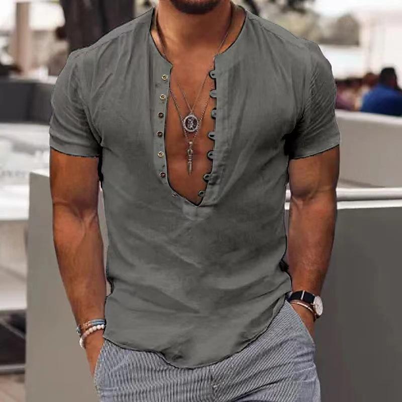 Men's Casual Solid Color Button Round Neck Short Sleeve Shirt 95053775Y