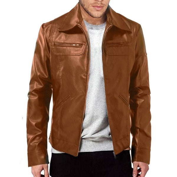 Men's Vintage Lapel Zipper Slim Fit Leather Biker Jacket 49079317M