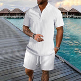 Men's Solid Color Pleated Stand Collar Short-Sleeved Shirt And Shorts Set 83841289Y