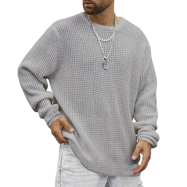 Men's Casual Solid Color Waffle Pullover Long Sleeve Sweater 71012298TO