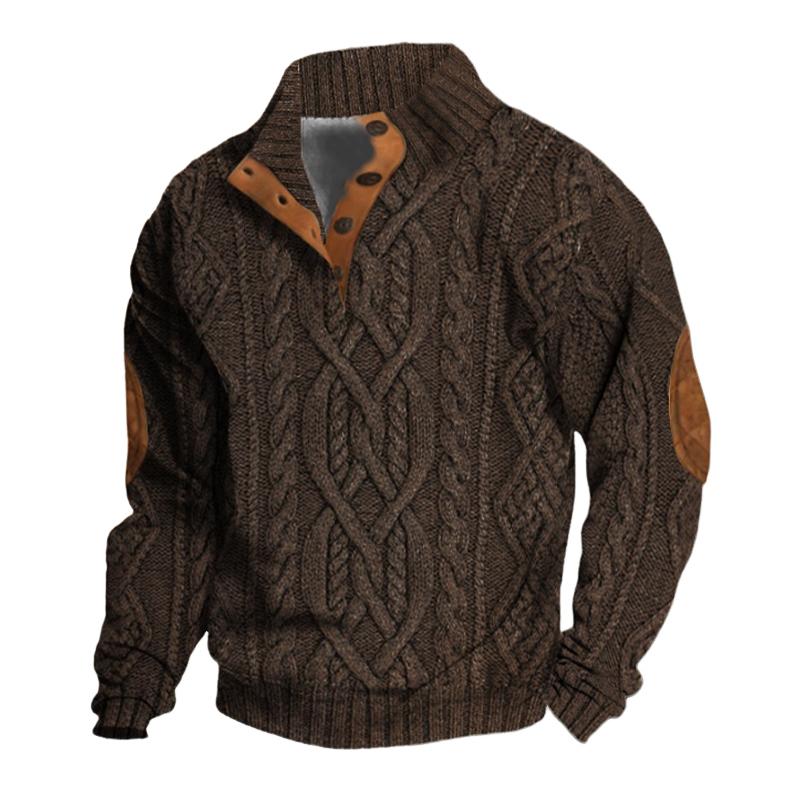 Men's Vintage Stand Collar Pullover Twisted Textured Knitted Sweater 63163731X