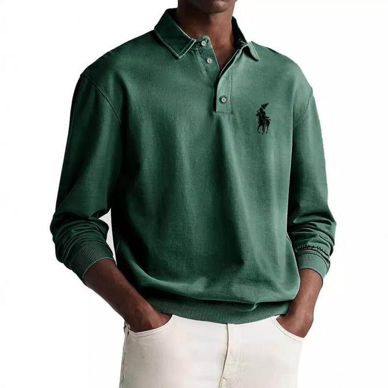 Men's Solid Color Loose Lapel Long Sleeve Polo Shirt 47320003Z