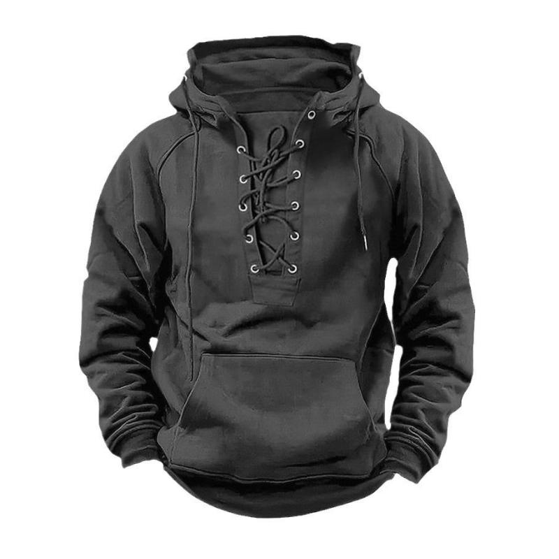 Men's Casual Outdoor Solid Color Lace-up Kangaroo Pocket Long Sleeve Hoodie 85726144M