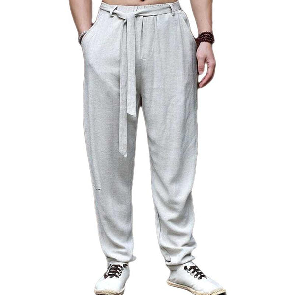 Men's Solid Color Cotton And Linen Loose With Belt Trousers 24480296Z