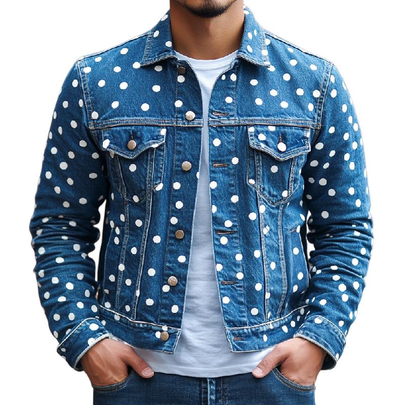 Men's Casual Lapel Polka Dot Denim Jacket 32143198F