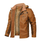 Men's Vintage Contrast Patchwork Stand Collar Hooded Zip Leather Fleece Jacket 44720410M