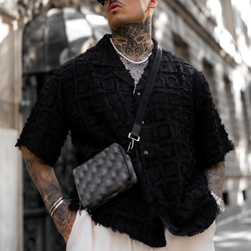 Camicia casual a maniche corte con risvolto in tessuto a trama solida da uomo 74302419Z