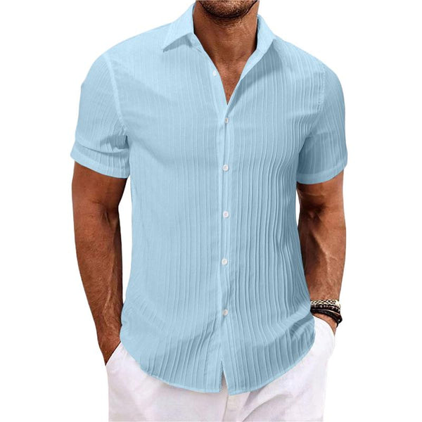 Men's Casual Cotton Linen Lapel Striped Slim Fit Short-sleeved Shirt 05952357M