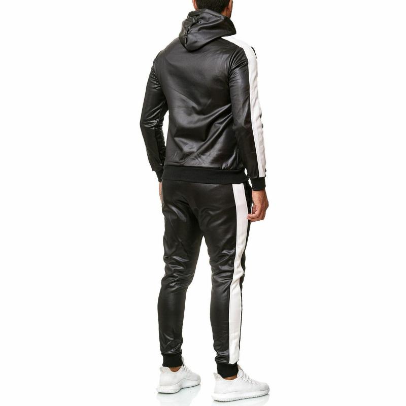 Men's Color Block Leather Hooded Zipper Jacket Trousers Casual Set 53659156Z
