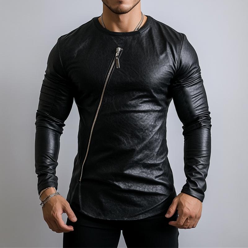 Men's Casual Round Neck Hem Slit Slim Fit Leather Long Sleeve T-shirt 50179193K