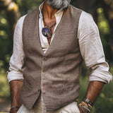 Men's Casual Linen V-neck Single-breasted Slim Fit Suit Vest 07173828M