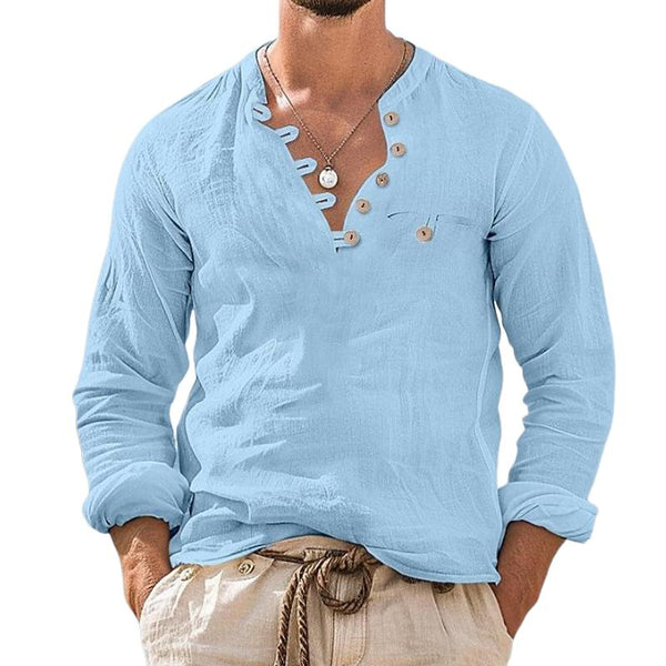 Men's Cotton And Linen Button V-Neck Chest Pocket Long-Sleeved Shirt 10323302Y