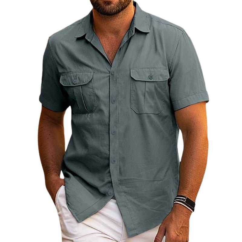 Men's Solid Color Cotton And Linen Double Pocket Short Sleeve Shirt 72207358Y