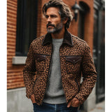 Men's Vintage Leopard Suede Stitching Leather Multi-Pocket Zipper Jacket 21640666Y