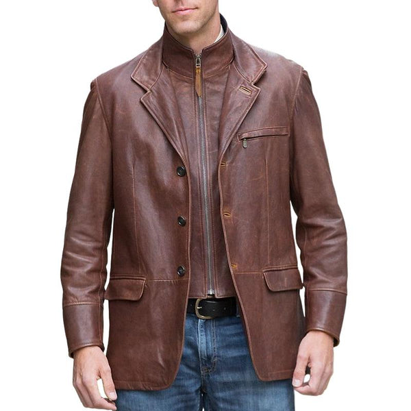 Men's Classic Lapel Fake Two-Piece Leather Jacket 40032912F