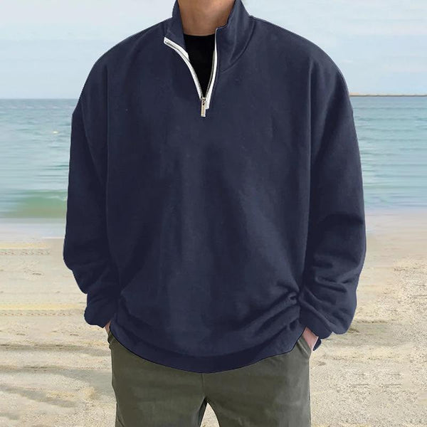Men's Solid Loose Zipper Stand Collar Long Sleeve Sweatshirt 08658020Z
