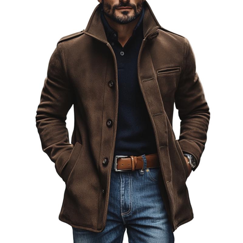 Homme Casual Daim Revers Simple Boutonnage Slim Fit Manteau 72911041M