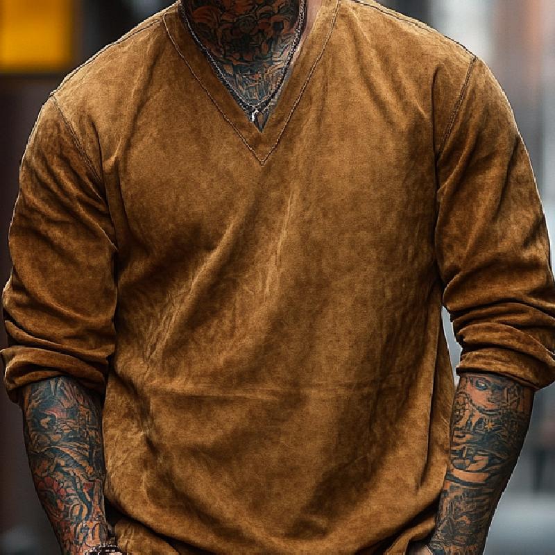 Men's Retro V-neck Long Sleeve Air Layer Suede T-shirt 59688663F