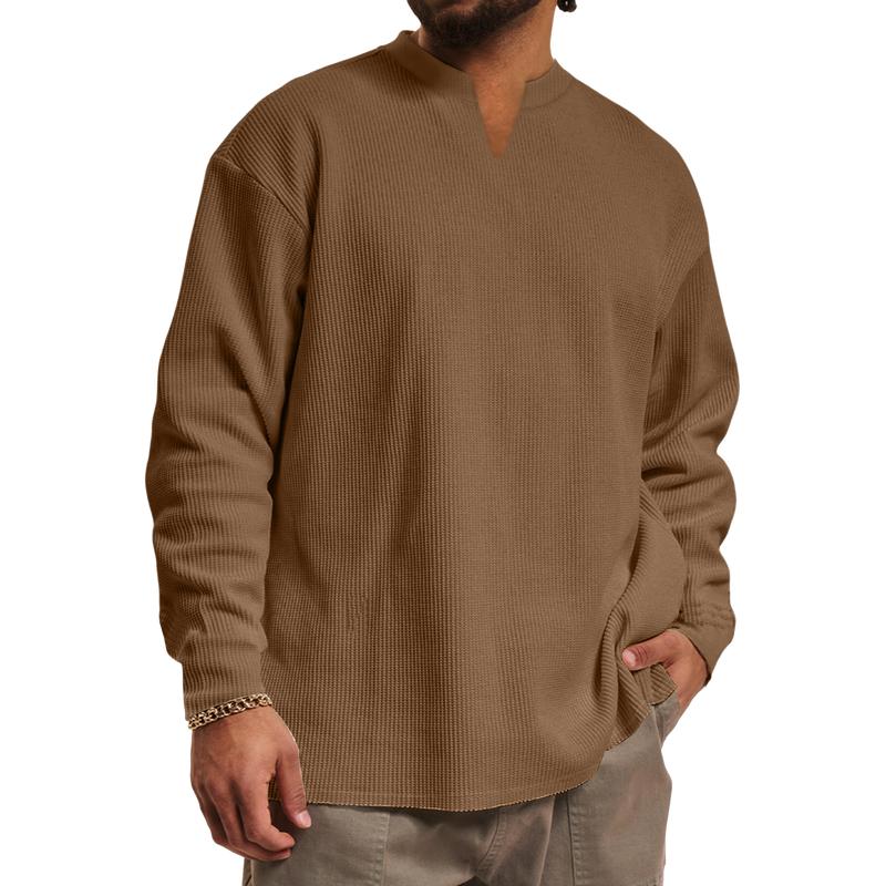 Men's Casual V-neck Waffle Loose Long Sleeve T-shirt 30473989M