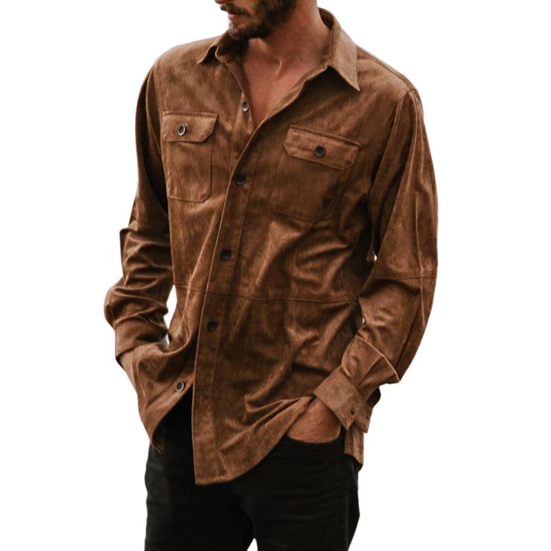 Men's Vintage Suede Patchwork Lapel Loose Long Sleeve Shirt 02939620M