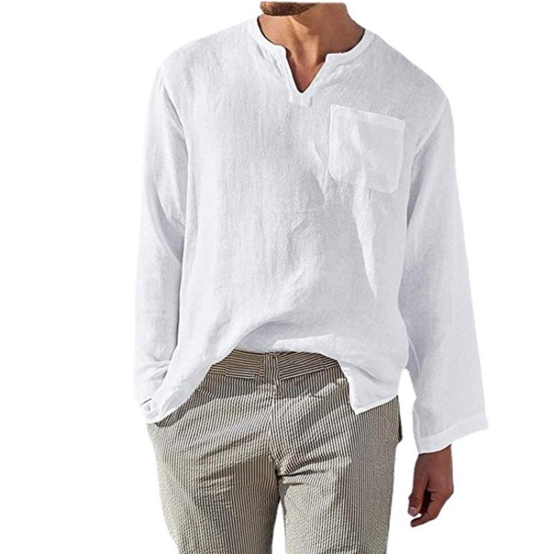 Men's Classic Casual V-Neck Cotton and Linen Long Sleeve Shirt 89901691K