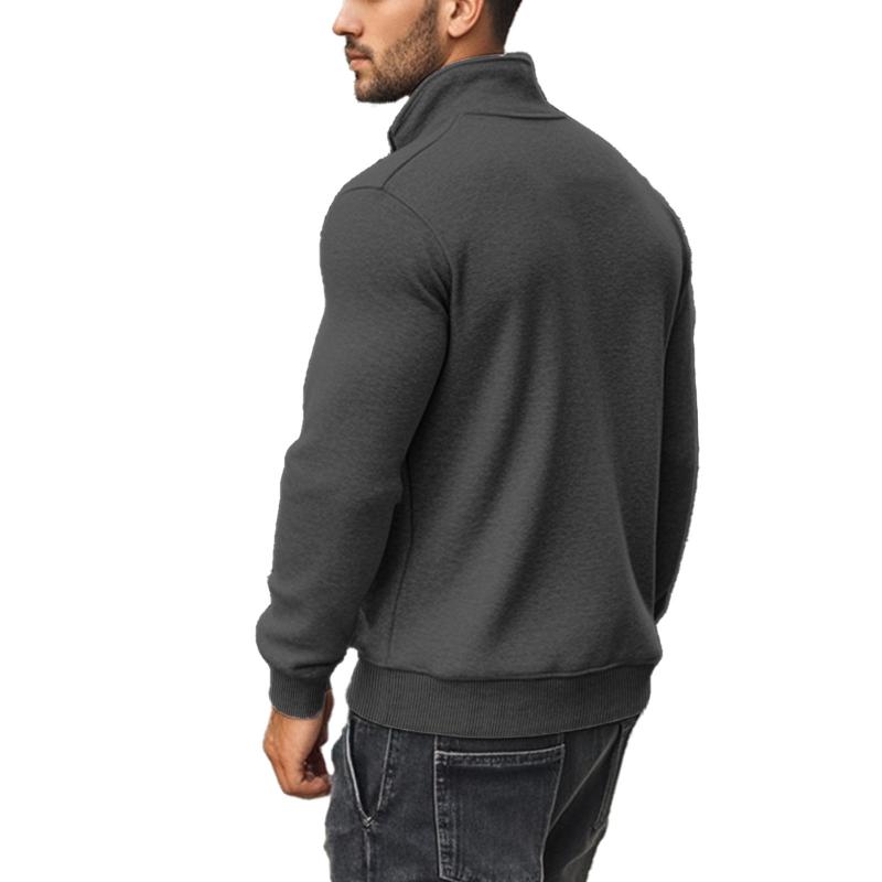 Sweat-shirt décontracté à col montant et fermeture éclair pour homme, couleur unie 21133783X