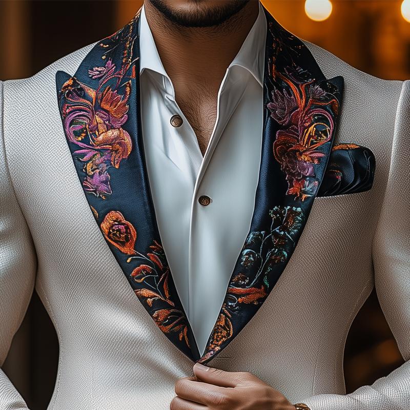 Men's Vintage Elegant Embroidery Lapel Slim Business Casual Blazer 49816345Z