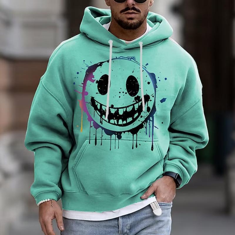 Men's Smiley Face Print Pocket Casual Hoodie 36214627Z