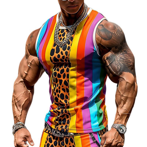 Men's Rainbow Leopard Patchwork Print Crew-Neck Sleeveless Slim Fit Tank Top 64210518Y