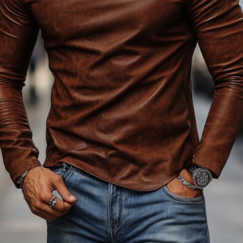 Men's Casual Fashionable Round Collar Slim Fit Leather Long Sleeve T-shirt 80728107K