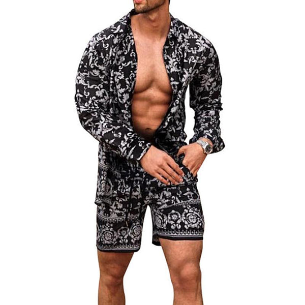 Men's Loose Printed Long Sleeve Shirt Shorts Set 21146261Z