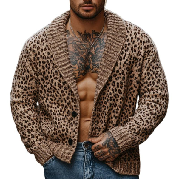 Men's Fashion Shawl Collar Leopard Jacquard Knitted Cardigan 32866599M