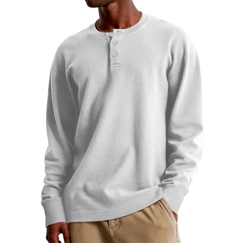 Men's Casual Waffle Henley Collar Loose Long Sleeve T-Shirt 05130911M