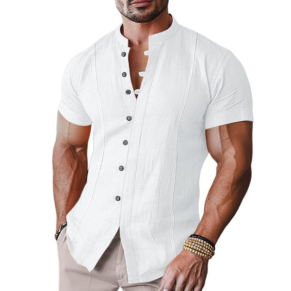 Men's Casual Cotton Linen Spliced Stand Collar Slim Short-Sleeved Shirt 49797408M