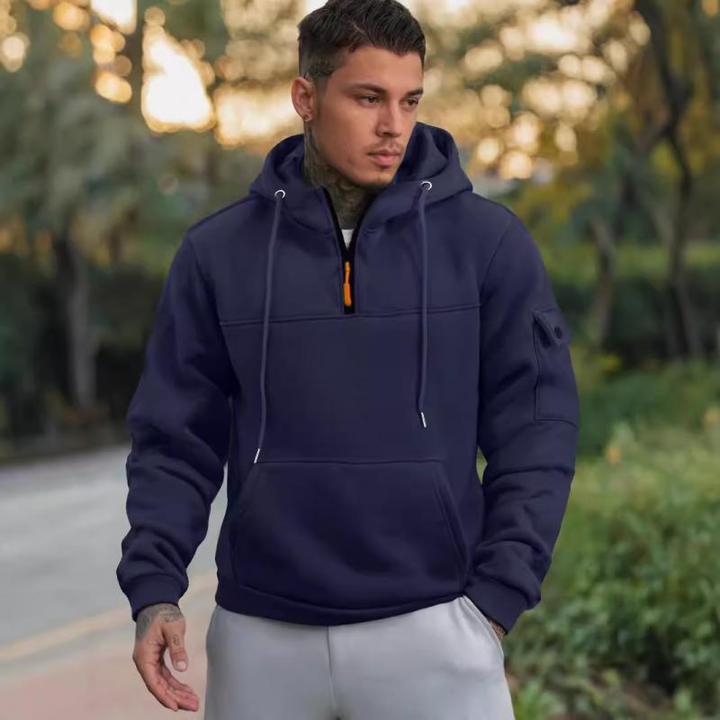 Men's Casual Solid Color Multi-Pocket Half-Zip Hooded Long Sleeve Sweatshirt 12108131Y