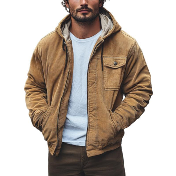 Men's Casual Corduroy Zip-Up Loose Hooded Bomber Jacket 14414701M