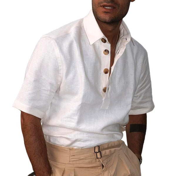 Men's Solid Cotton And Linen Lapel Short Sleeve Polo Shirt 64185769Z