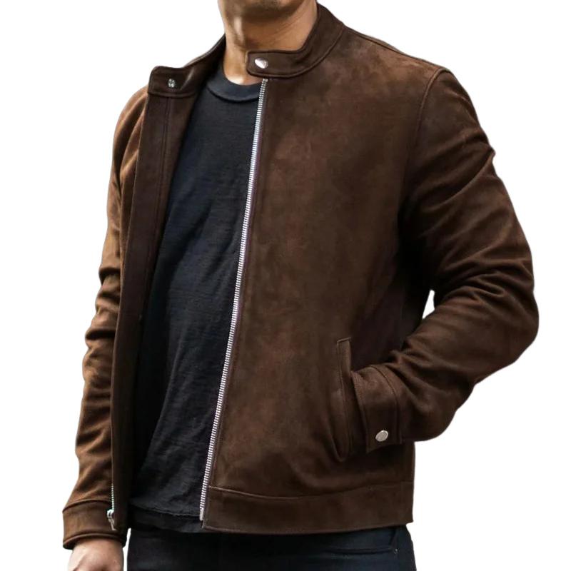 Men's Solid Color Suede Stand Collar Zipper Jacket 14213264Z