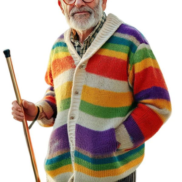 Men's Vintage Colorful Striped Lapel Knitted Cardigan 40984869Y