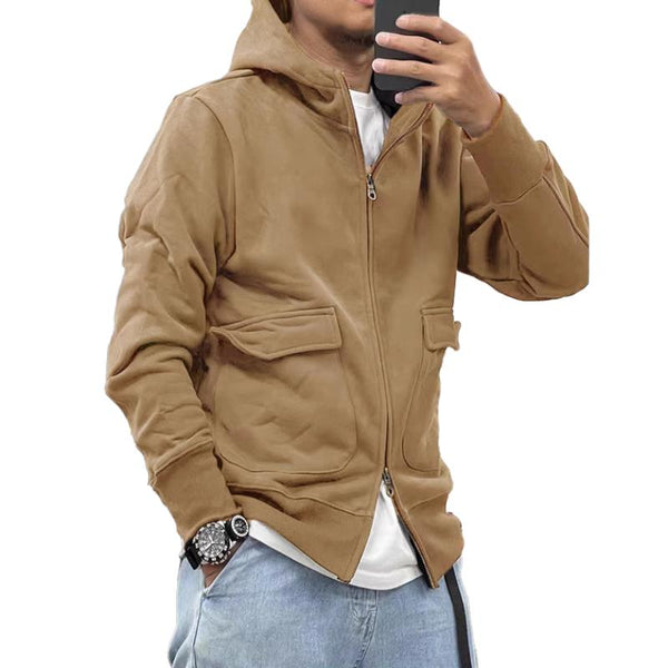 Men's Casual Solid Color Fleece Large Pocket Zipper Loose Hoodie Jacket 96210118M