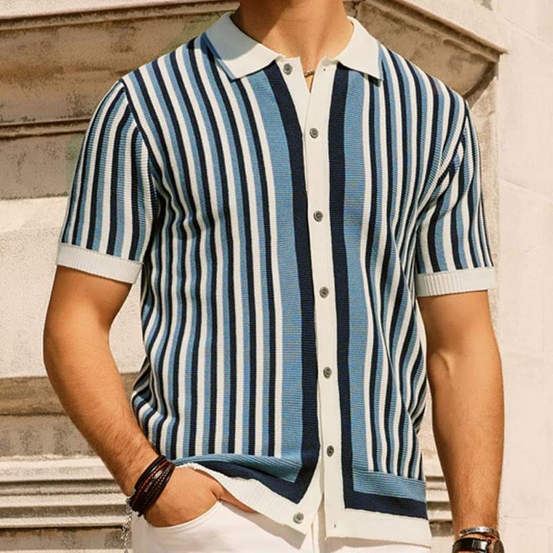 Men's Casual Ice Silk Striped Knitted Lapel Short-Sleeved Cardigan 08944932M