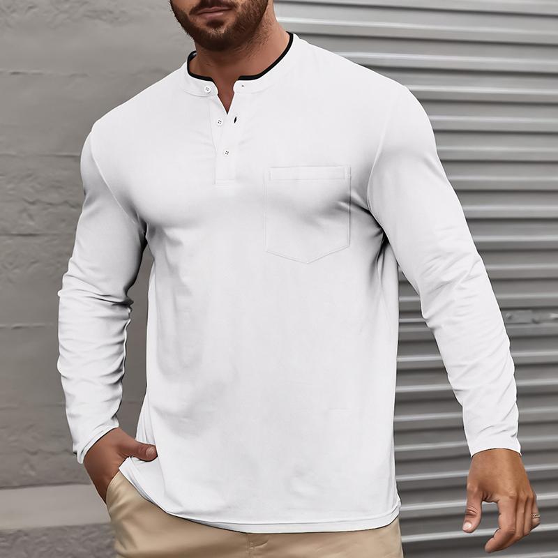 Men's Solid Color Henley Collar Chest Pocket Long Sleeve Casual T-shirt 15284224Z