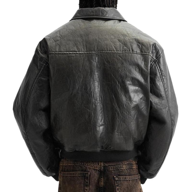 Men's Black Lapel Textured Leather Jacket 37611417F