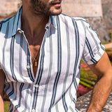 Men's Casual Retro Striped Print Short Sleeve Shirt 78990579TO
