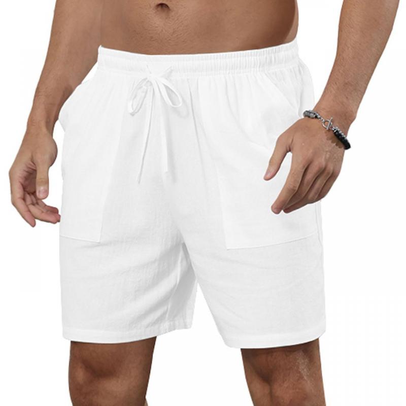 Men's Solid Color Cotton And Linen Beach Drawstring Shorts 66870843Y