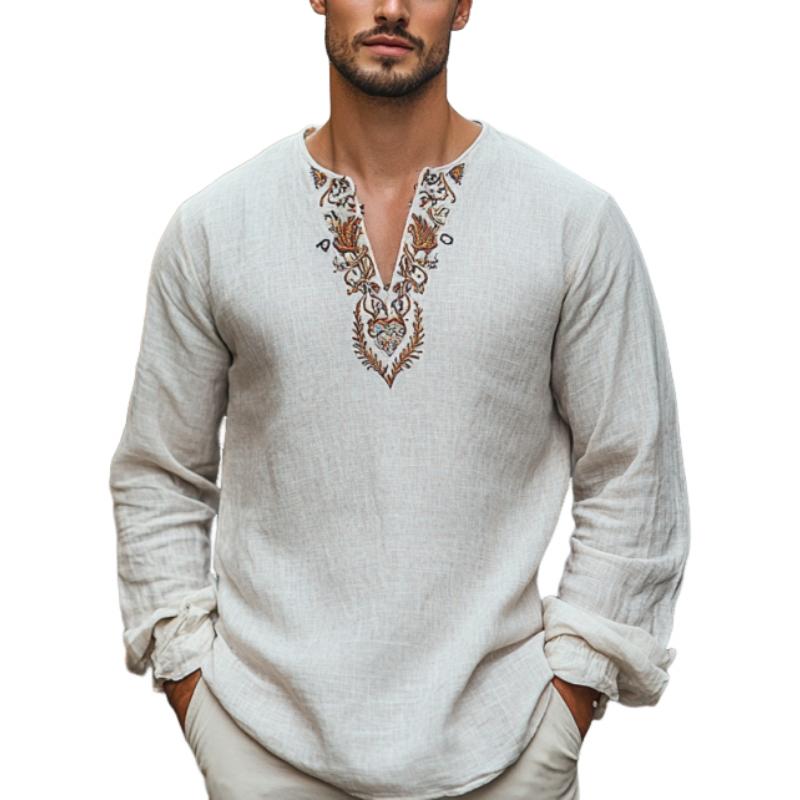 Men's Classic Vintage V-Neck Embroidered Linen Long Sleeve Shirt 93995209K