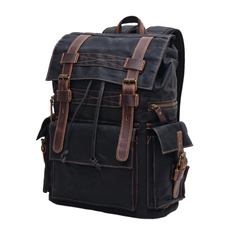 Men's Vintage Beeswax Canvas Outdoor Leather Multi-Pocket Backpack 92970713Y