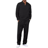 Men's Solid Waffle Lapel Long Sleeve Polo Shirt Trousers Casual Set 89063476Z