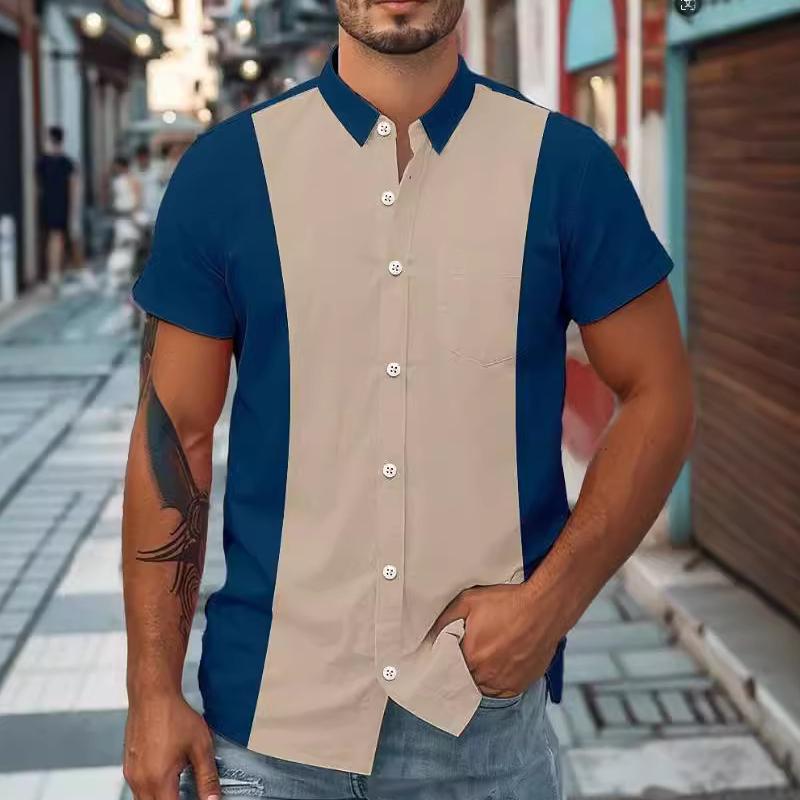 Men's Fashion Colorblock Lapel Short Sleeve Casual Shirt 09231521Z