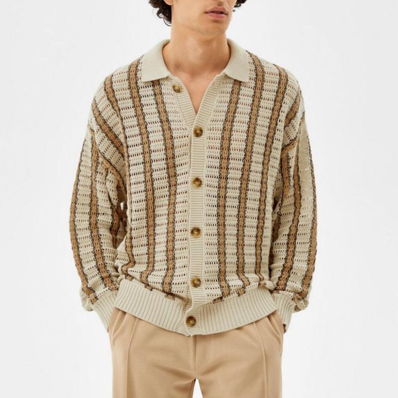 Men's Casual Contrast Color Striped Hollow Knitted Cardigan 66160032M